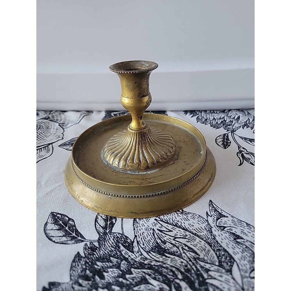Vtg Antique Brass Candle Holder Ornate Wide Base Rare Fluted Candlestick
